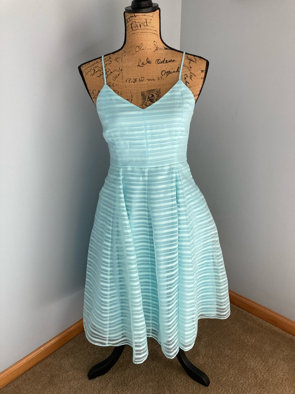 NWT Halston Heritage Aqua Striped Spaghetti-Strap Mini Dress Women Size 4